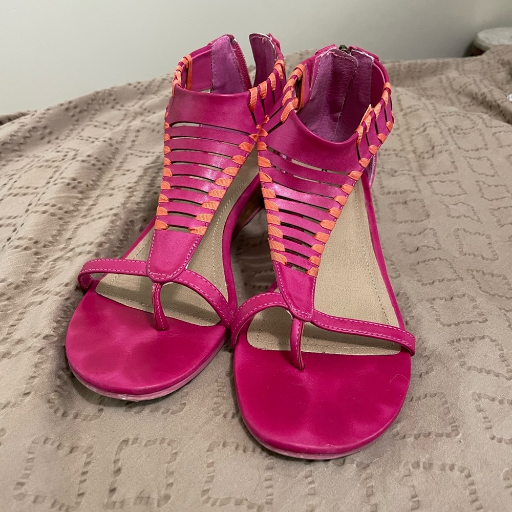 Kenneth Cole Reaction Pink and Orange Wedge Sandals, Size 7.5